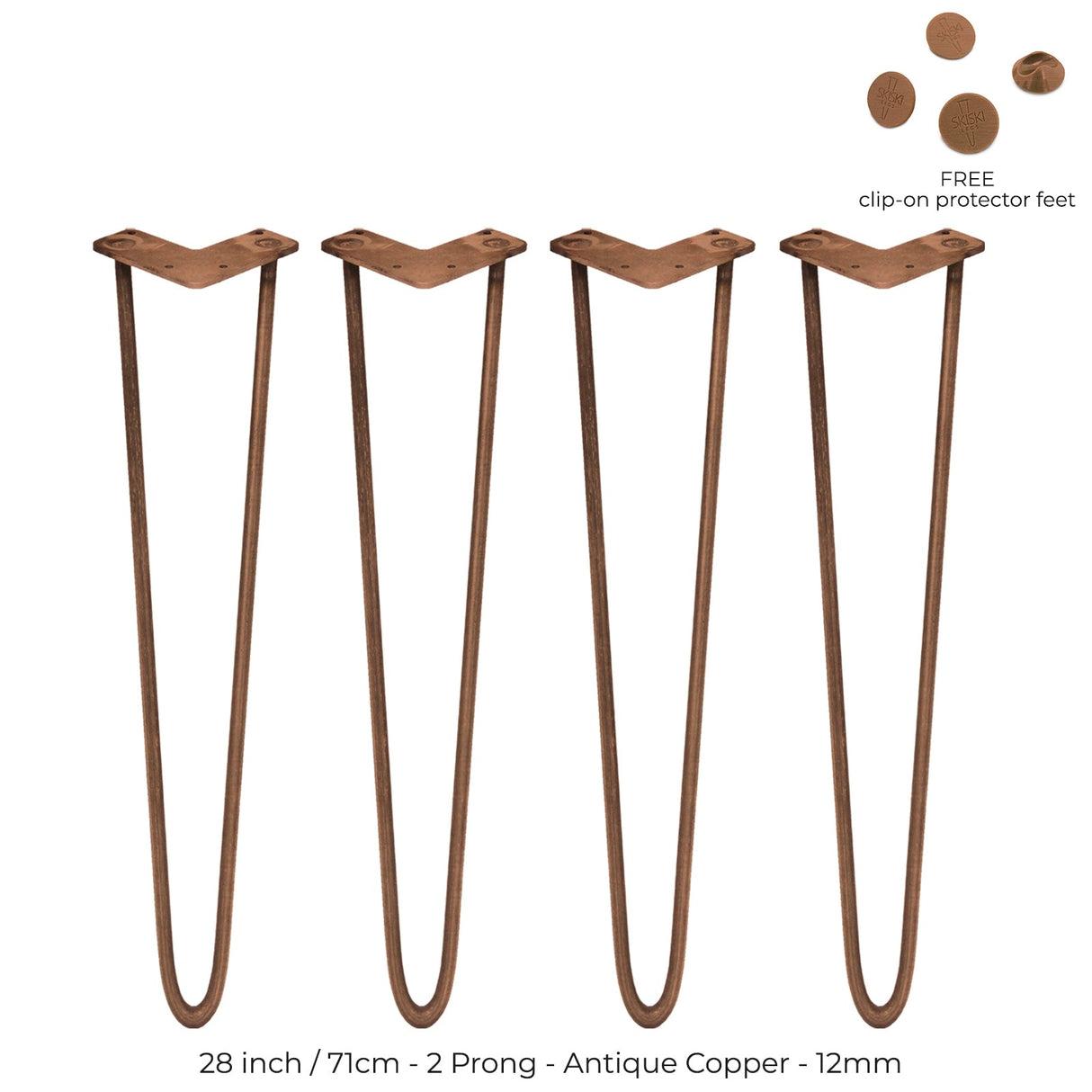 Set of four 28-inch antique copper hairpin legs with a sleek, minimalist design and two prongs, ideal for furniture projects