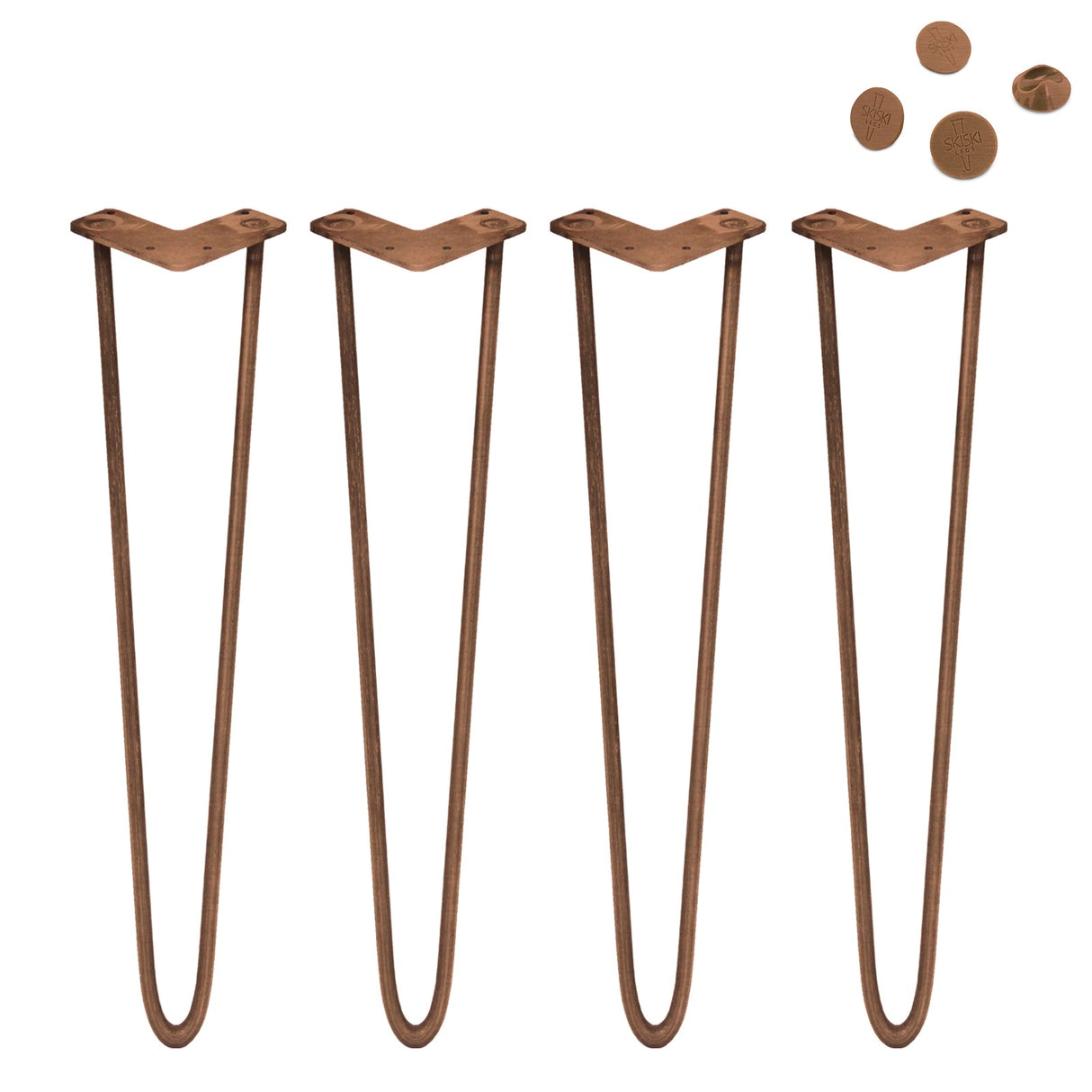 Antique copper hairpin legs set of four, 28 inches tall, featuring a sleek, modern design with a 2-prong base for stability
