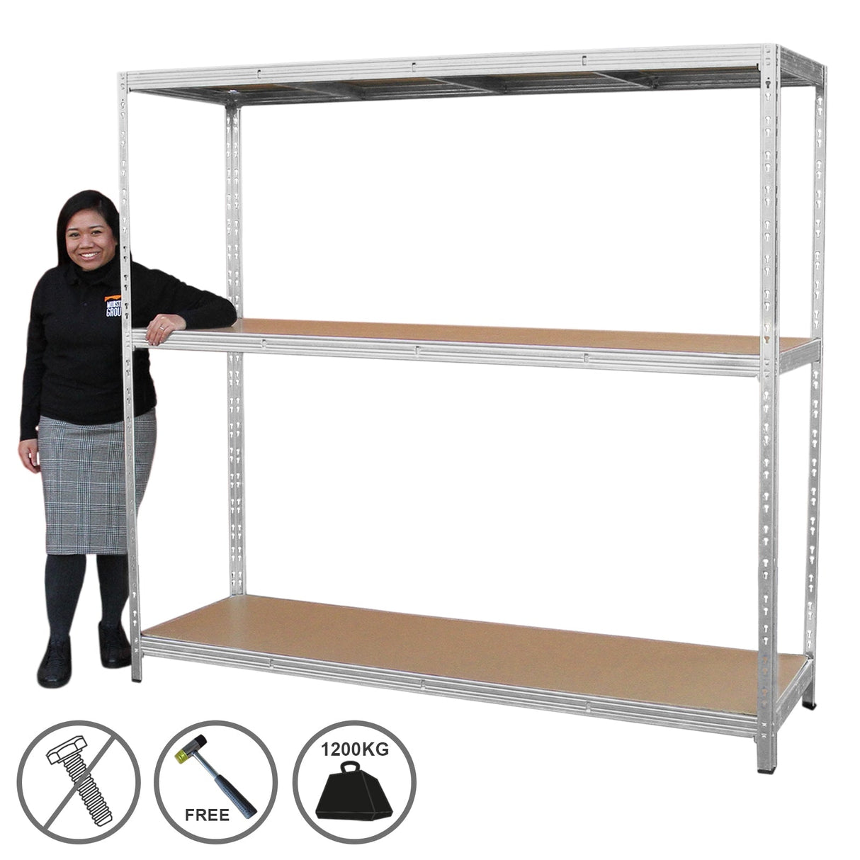 Heavy-duty galvanised steel racking unit with three sturdy shelves, supporting up to 1200kg, featuring a sleek metallic finish and wooden surfaces