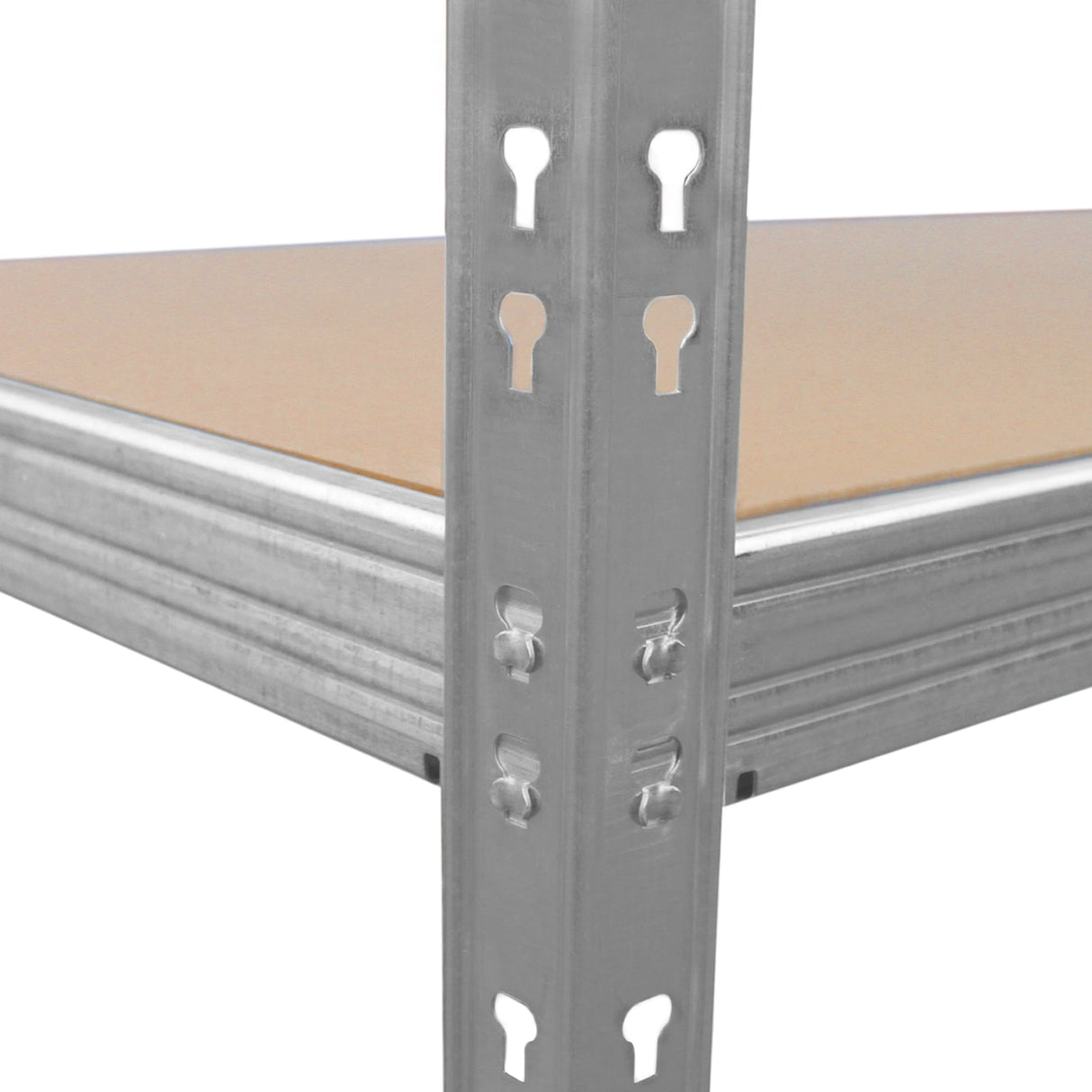 Heavy-duty galvanised steel racking unit with a sturdy frame, featuring adjustable shelves and a smooth, metallic finish