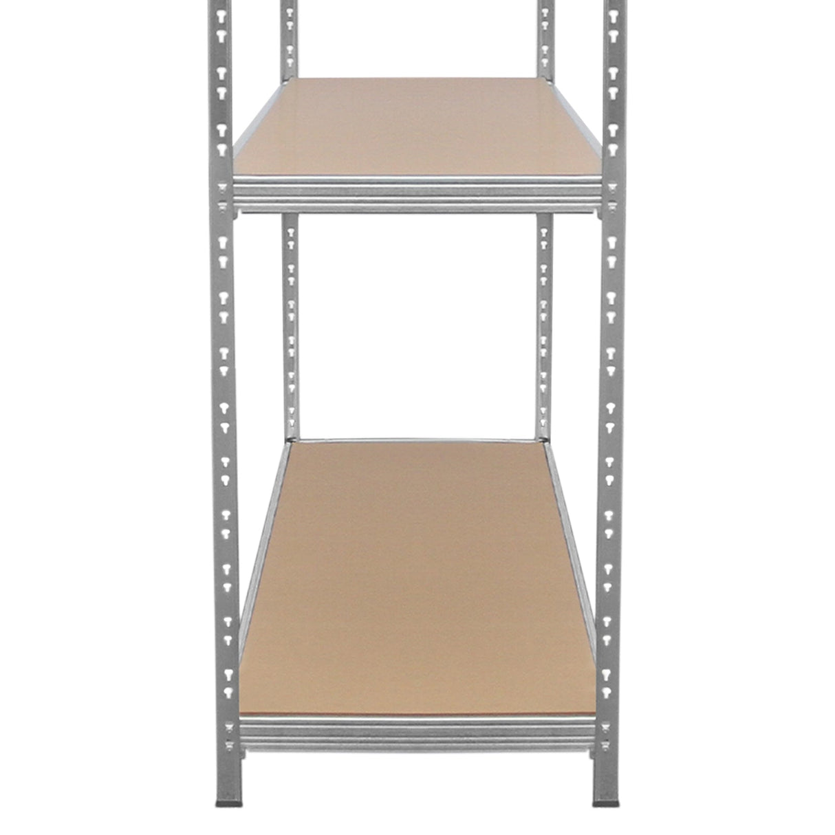 Heavy-duty galvanised steel racking unit with two sturdy, smooth wooden shelves, ideal for storage and organization