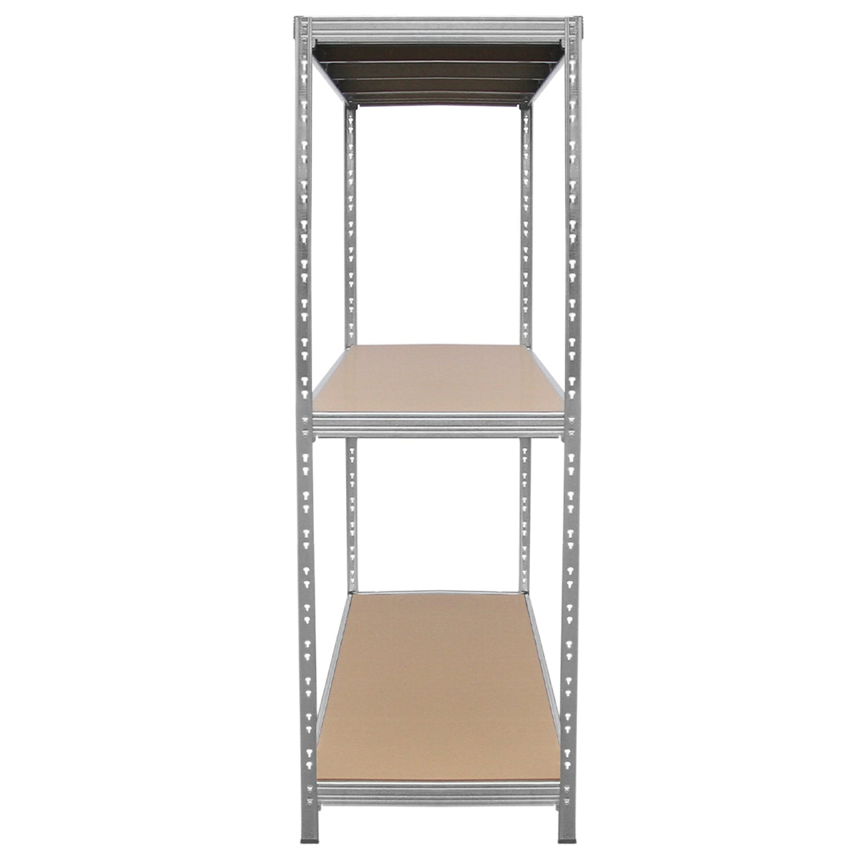 Galvanised steel heavy-duty racking unit with three sturdy shelves, featuring a sleek metallic finish and durable, smooth surfaces