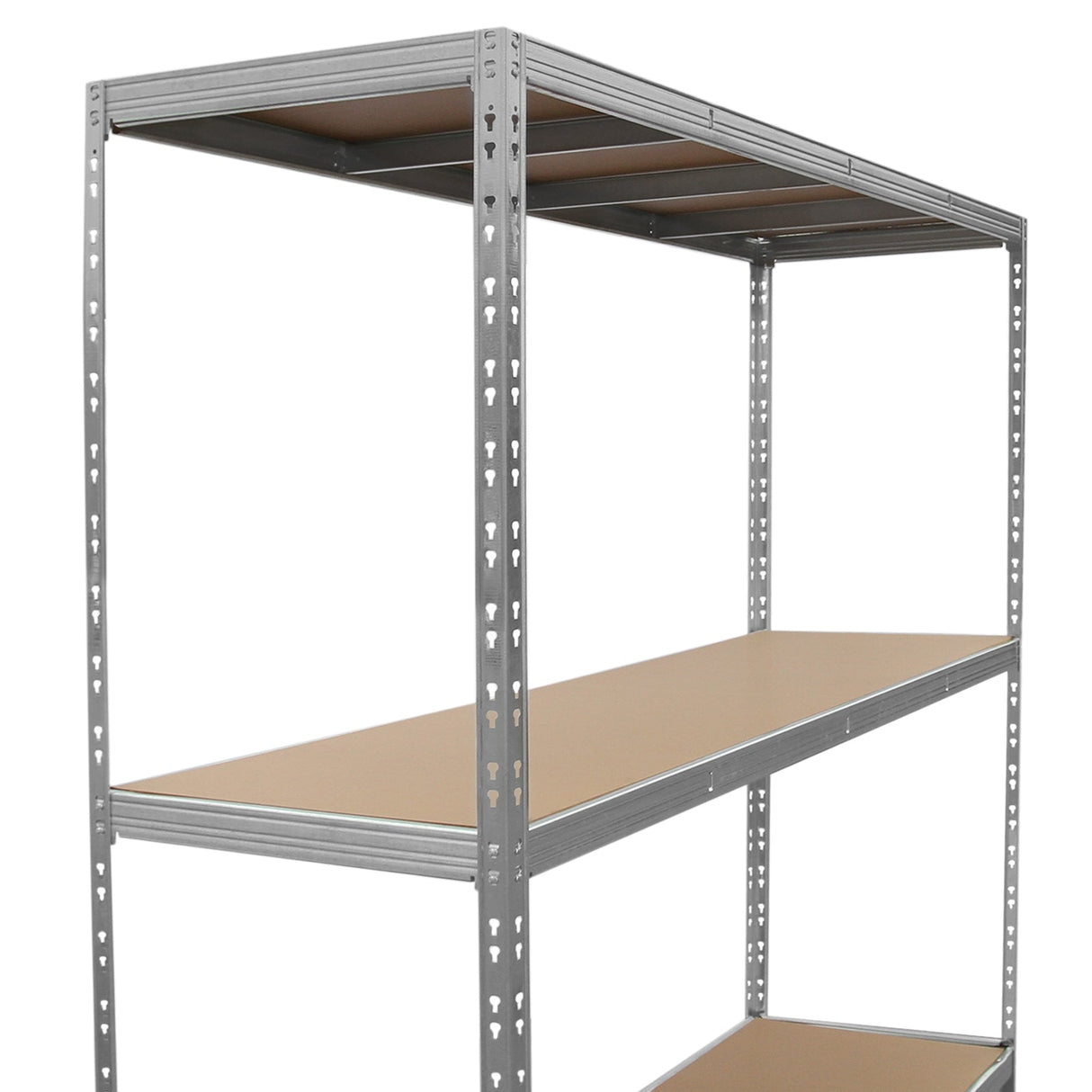 Heavy-duty galvanised steel racking unit with three sturdy shelves, featuring a sleek metallic finish and durable wooden surfaces