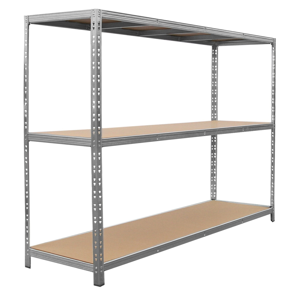 Heavy-duty galvanised steel racking unit with three sturdy shelves, featuring a sleek metallic finish and durable wooden surfaces
