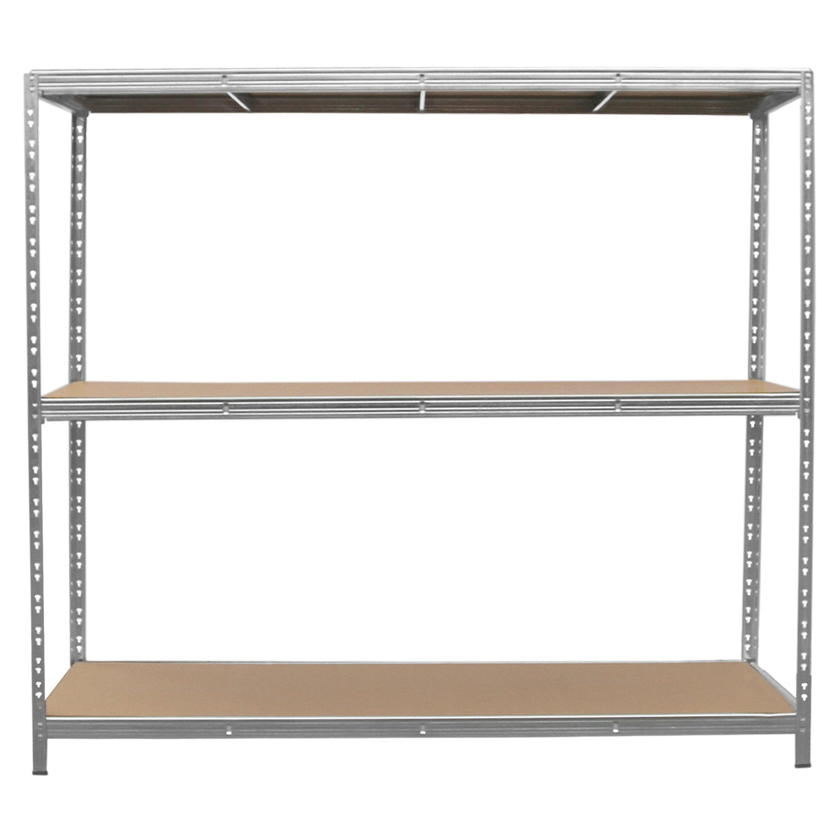 Heavy-duty galvanised steel racking unit with three sturdy shelves, featuring a sleek metallic finish and durable wooden surfaces