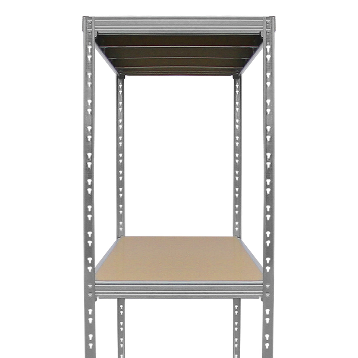 Heavy-duty galvanised steel racking unit with multiple shelves, featuring a sturdy frame and smooth, durable surfaces for storage efficiency