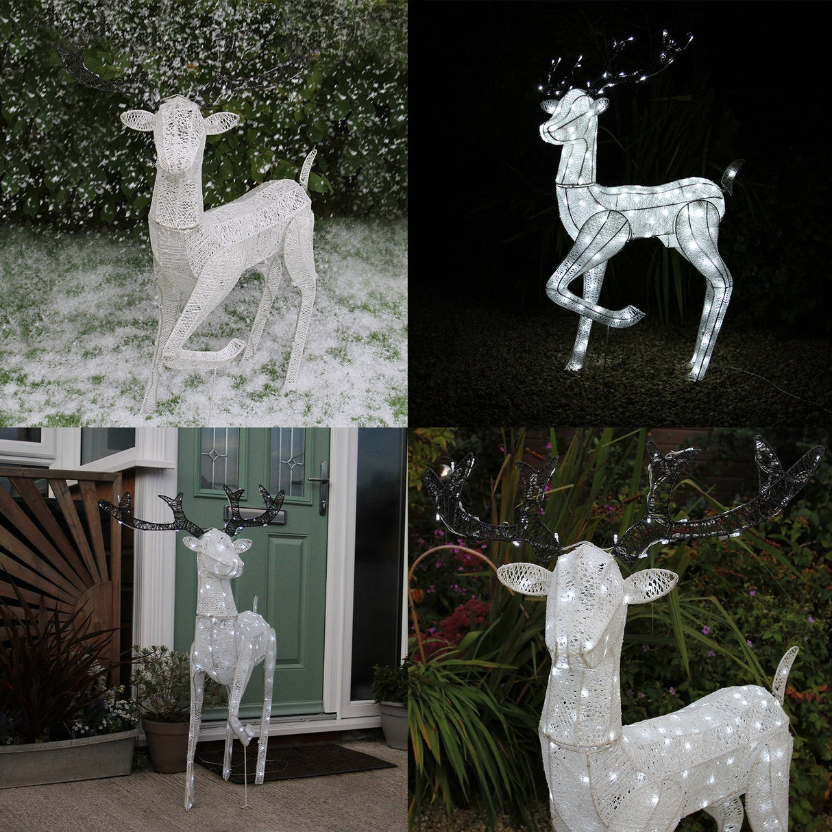 Large light-up stag reindeer with a metallic frame, glowing white lights, and intricately designed antlers, perfect for festive decor