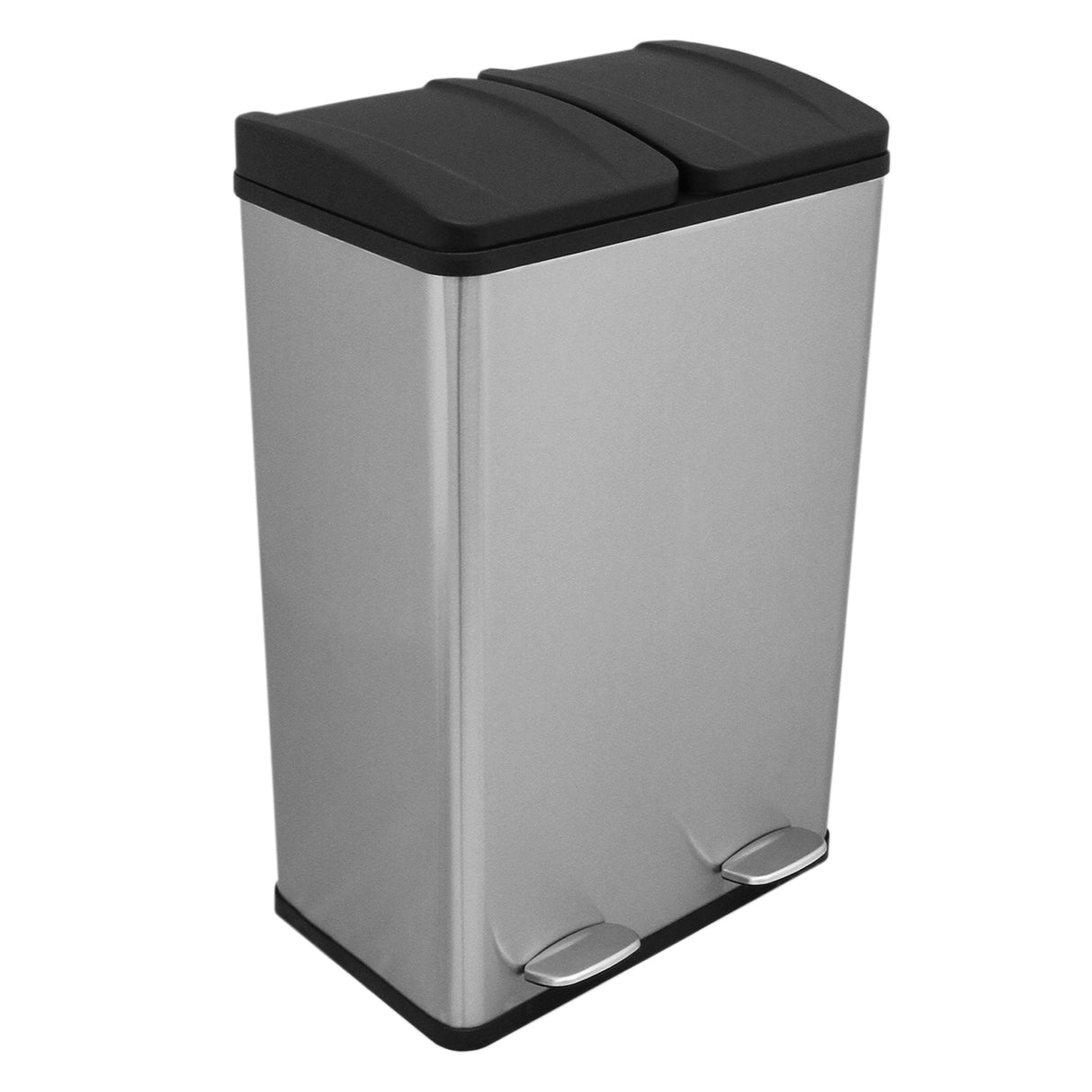 Sleek 60L dual pedal bin in stainless steel with a brushed finish, black plastic lids, and sturdy foot pedals for hands-free use