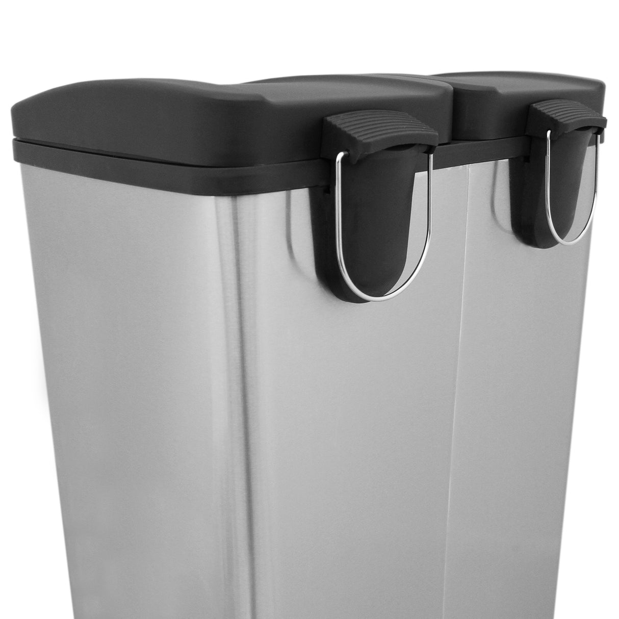 Sleek 60L dual pedal bin in brushed stainless steel with black lids and ergonomic foot pedals for easy waste disposal