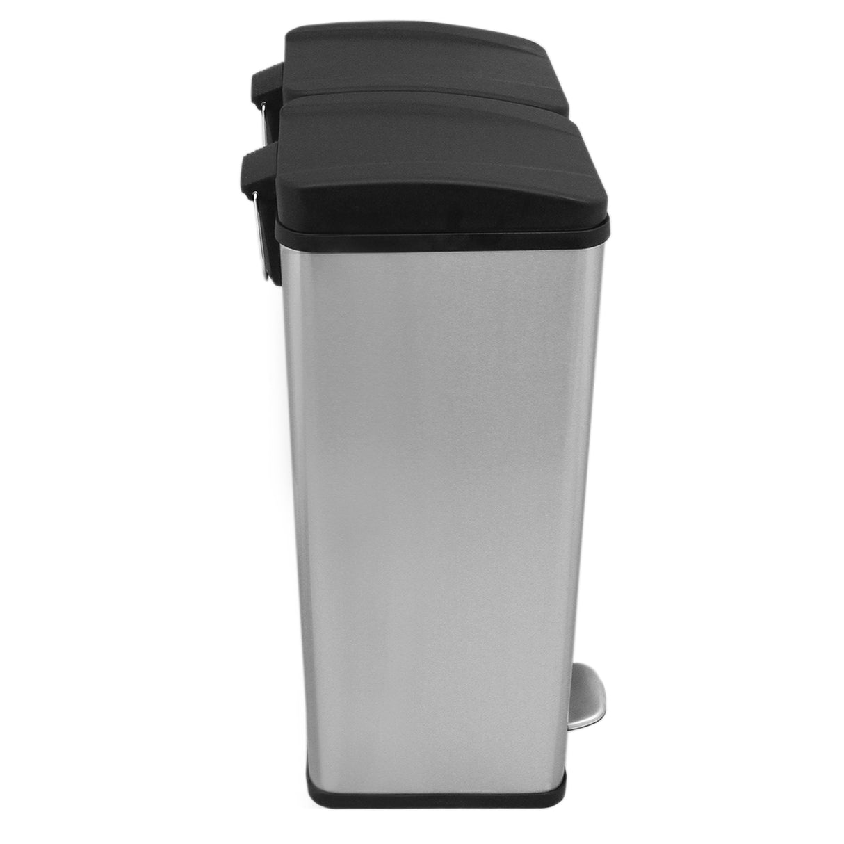 Sleek 60L dual pedal bin in stainless steel with a brushed finish and black plastic lids, featuring a foot pedal for hands-free operation