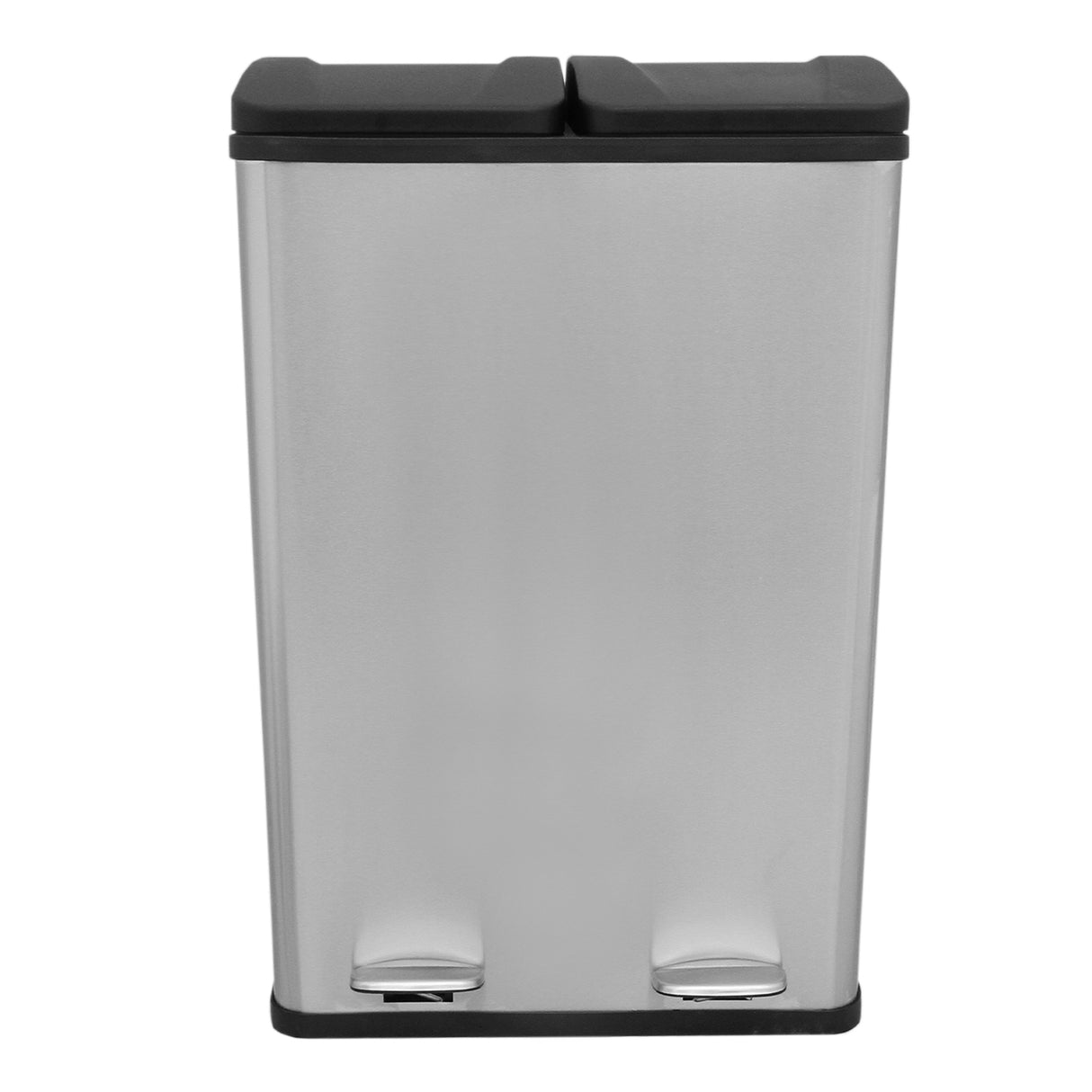 Sleek 60L dual pedal bin in stainless steel with a brushed finish, featuring two separate compartments and black foot pedals for easy use