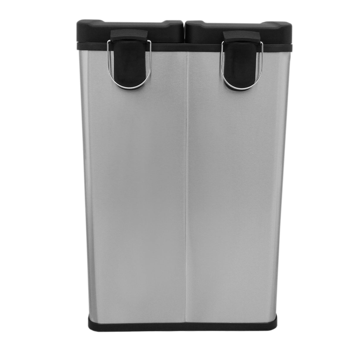 Sleek 60L dual pedal bin in stainless steel with black accents, featuring two compartments for efficient waste separation