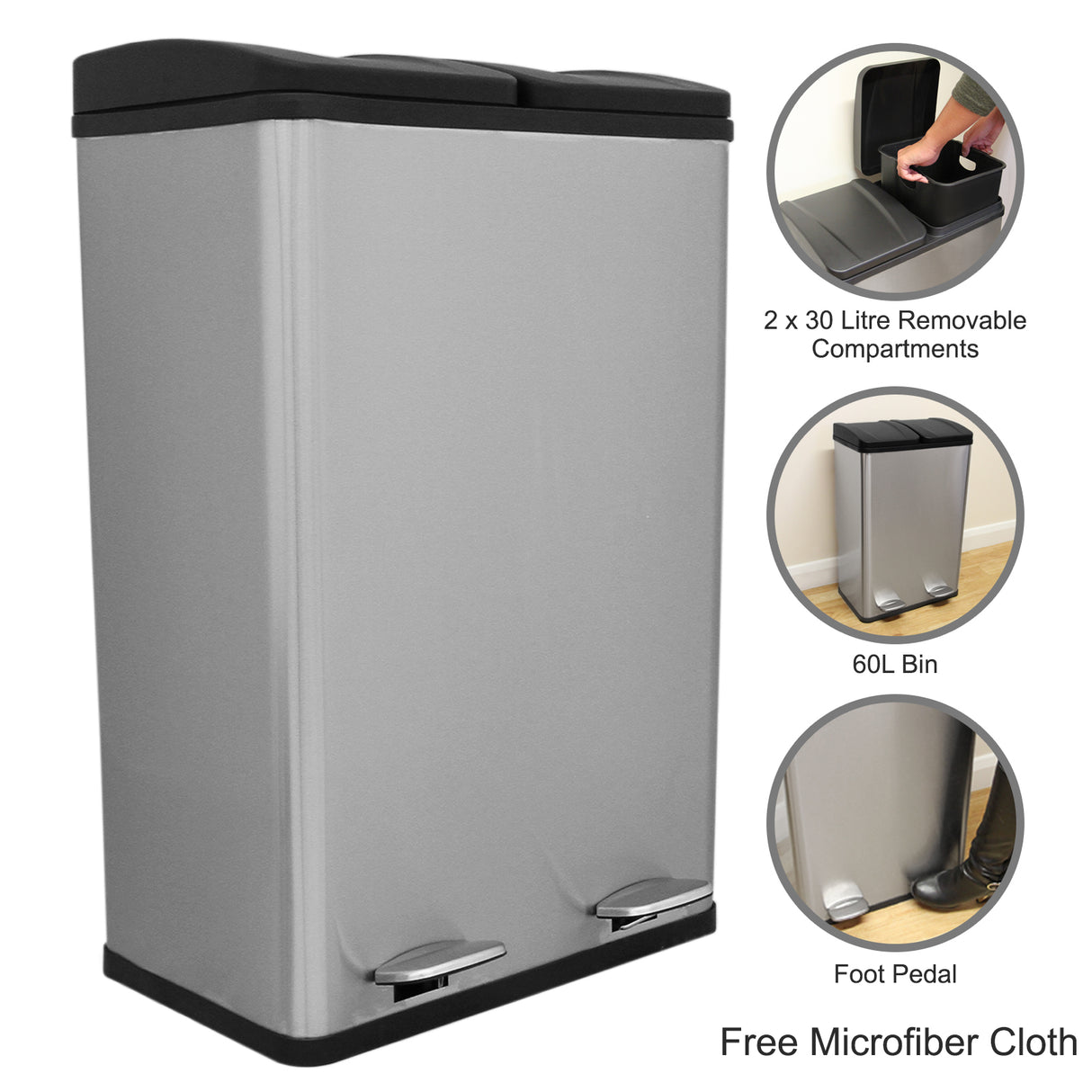 Sleek 60L dual pedal bin in stainless steel with two 30L compartments, featuring a modern design and foot pedals for hands-free use
