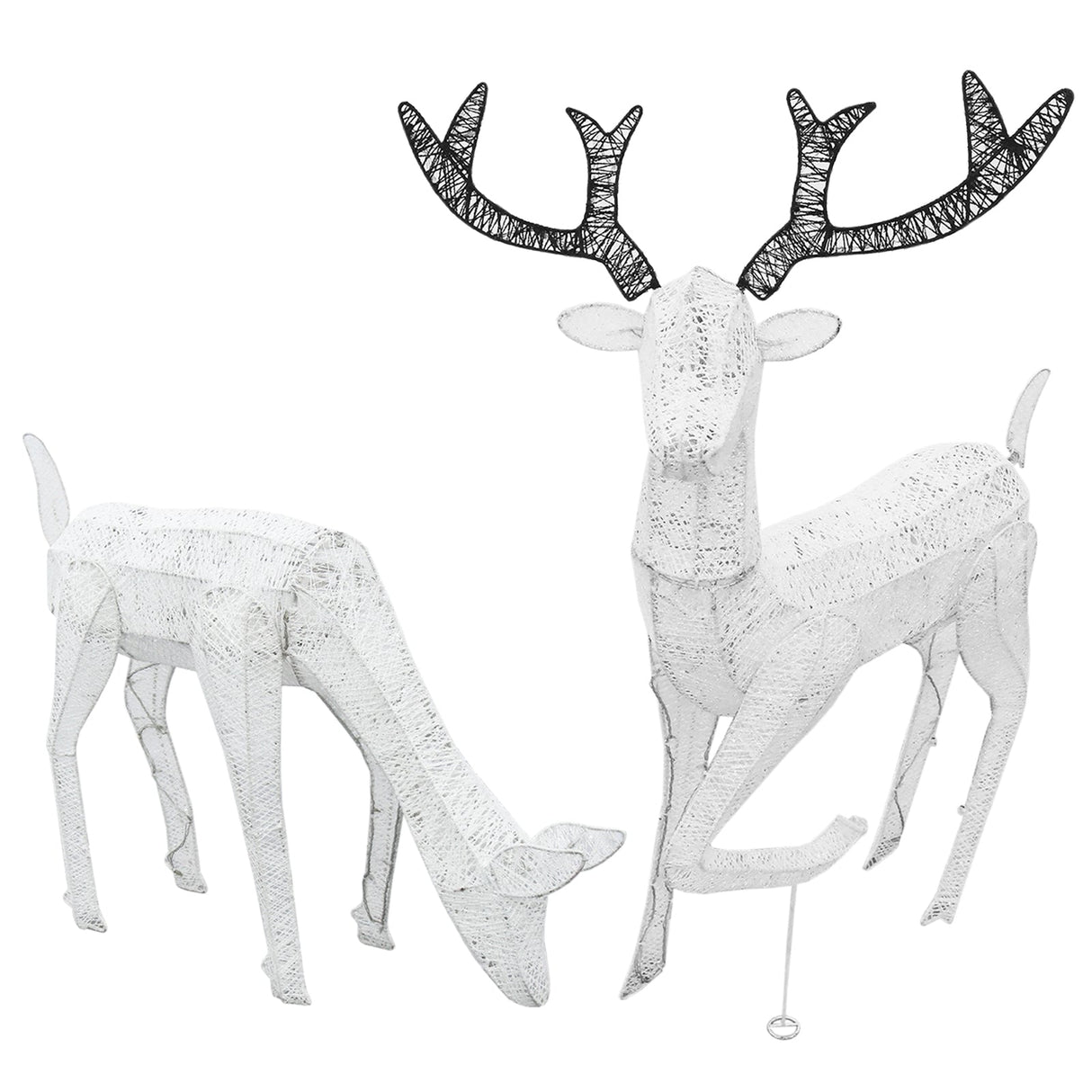 Large light-up stag and doe reindeer set featuring a textured white finish, intricate black antlers, and a festive glow