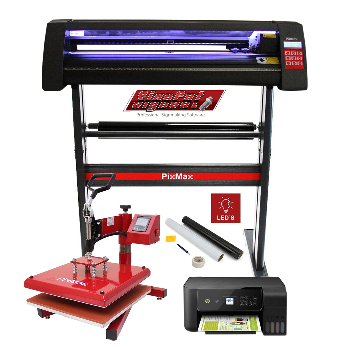 Pixmax 38cm heat press and vinyl cutter with LED printer, featuring a sleek black and red design, compact size, and user-friendly controls