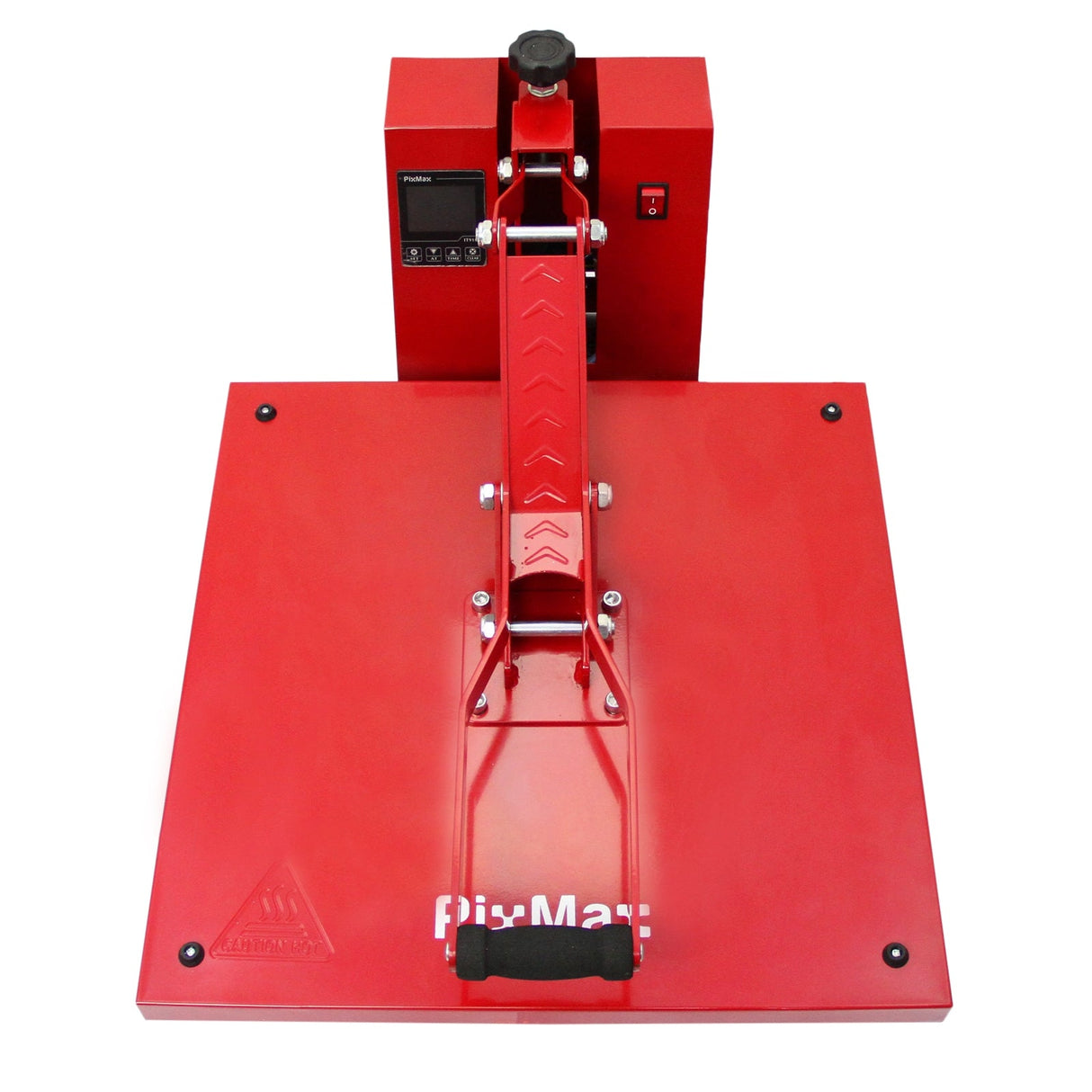 Bright red clam heat press with a sturdy base, adjustable handle, and digital display, designed for vinyl cutting and heat transfer projects