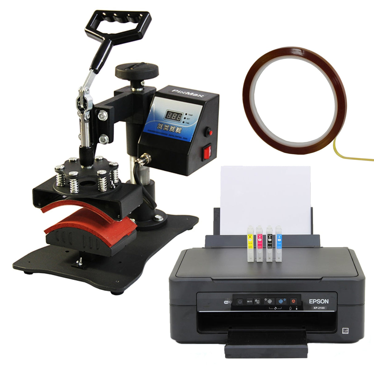 Cap press with adjustable handle, red silicone pad, Epson printer with ink cartridges, and heat-resistant tape on a white background