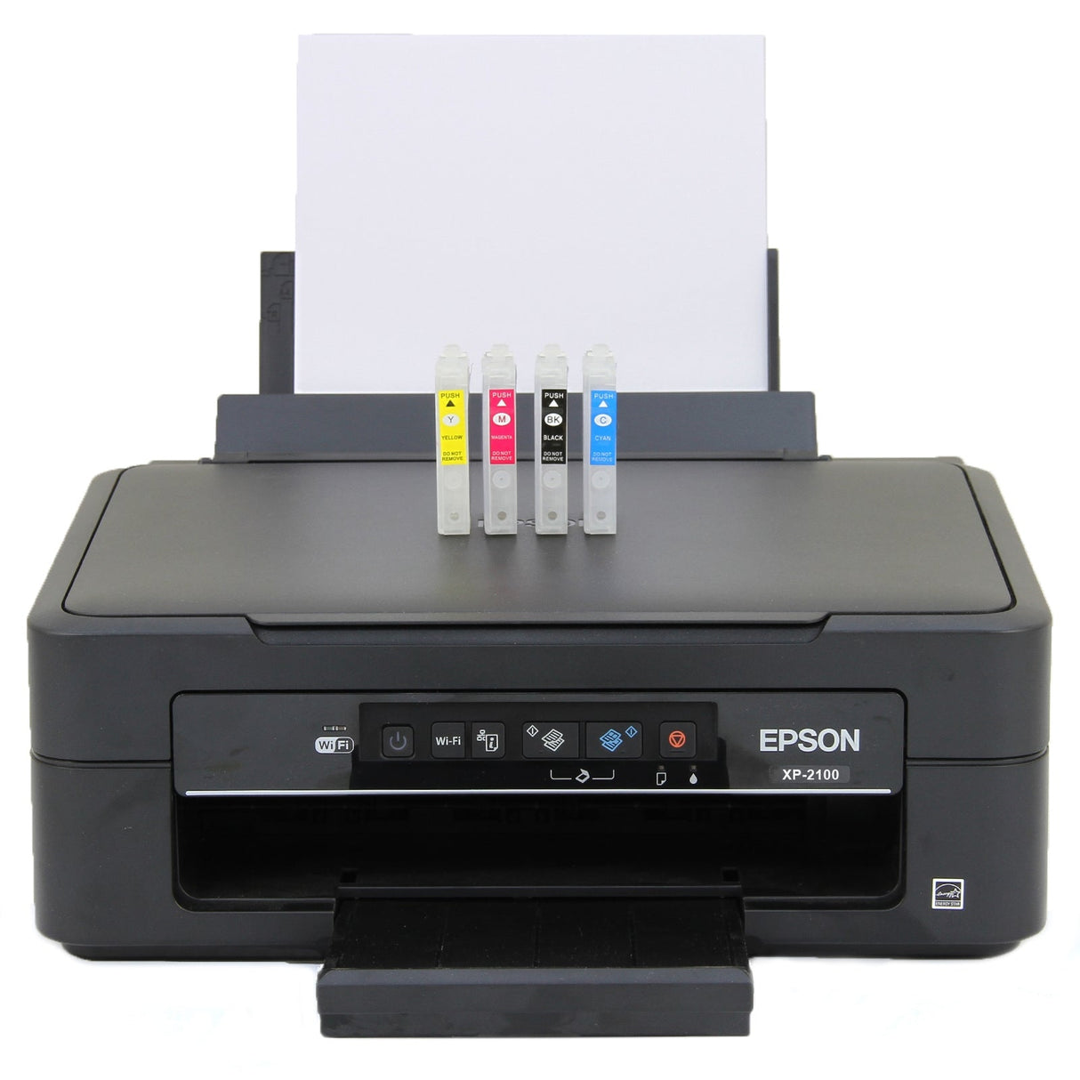 Epson XP-2100 printer with four vibrant ink cartridges in yellow, magenta, cyan, and black, ready for high-quality printing