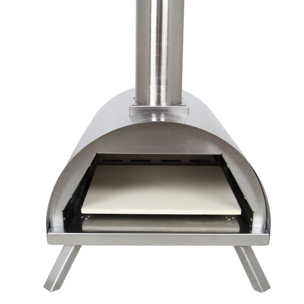 Stainless steel outdoor pizza oven with a rounded design, featuring a stone baking surface and a chimney for smoke ventilation