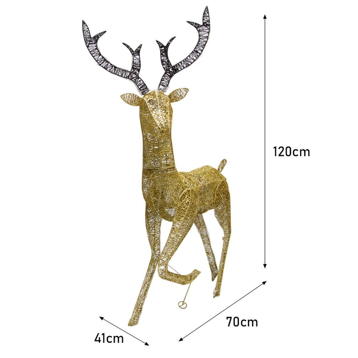 Gold stag reindeer sculpture standing 120cm tall, adorned with 200 ice white LED lights, featuring intricate antlers and a textured body