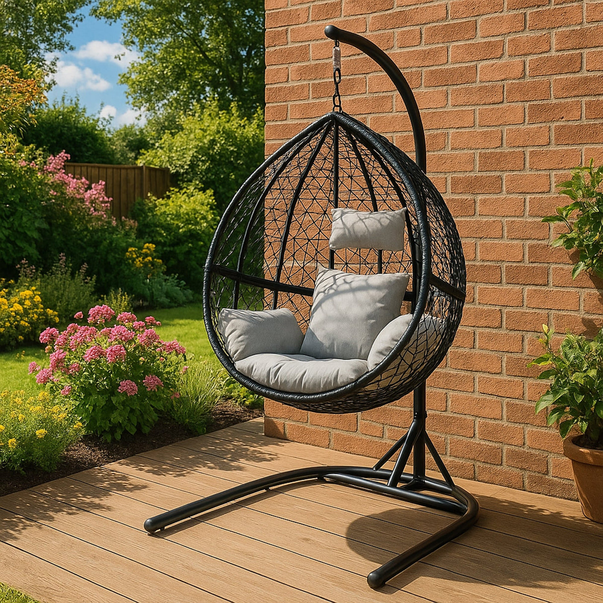 Black hanging rattan egg chair with a curved frame, featuring a plush gray cushion, set against a vibrant garden backdrop