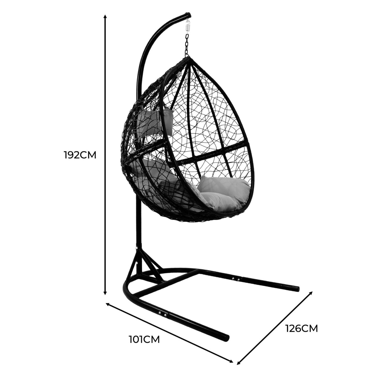 Black hanging rattan egg chairs with plush cushions, featuring a sturdy metal frame and a modern design, ideal for outdoor relaxation