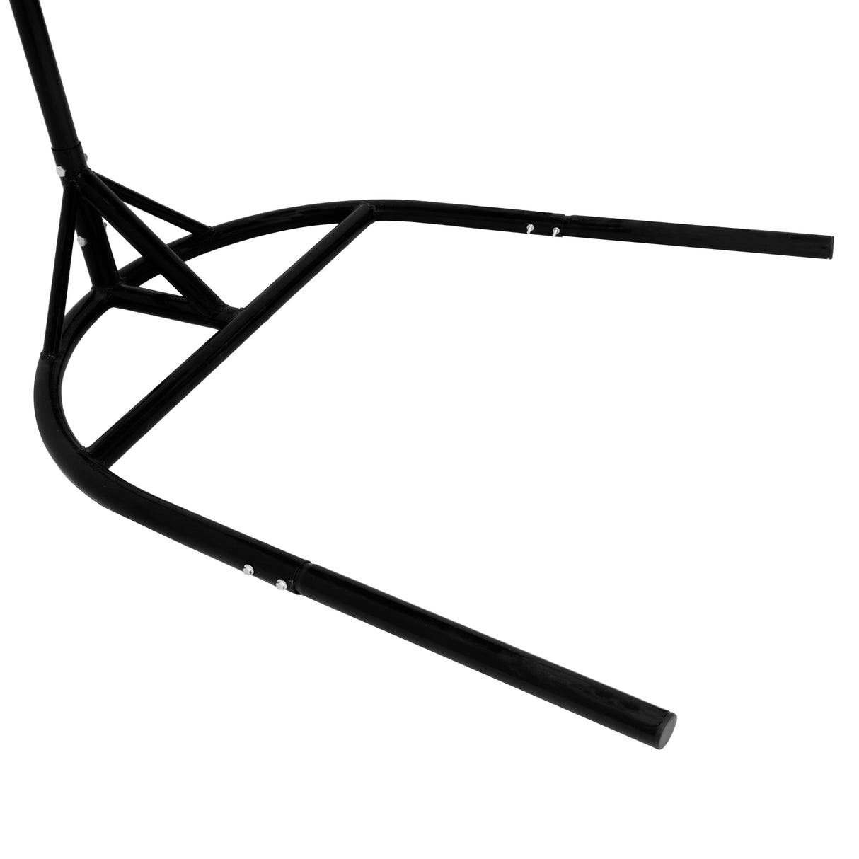 Stylish black metal stand for hanging rattan egg chairs, featuring a sturdy base and sleek design for outdoor or indoor use