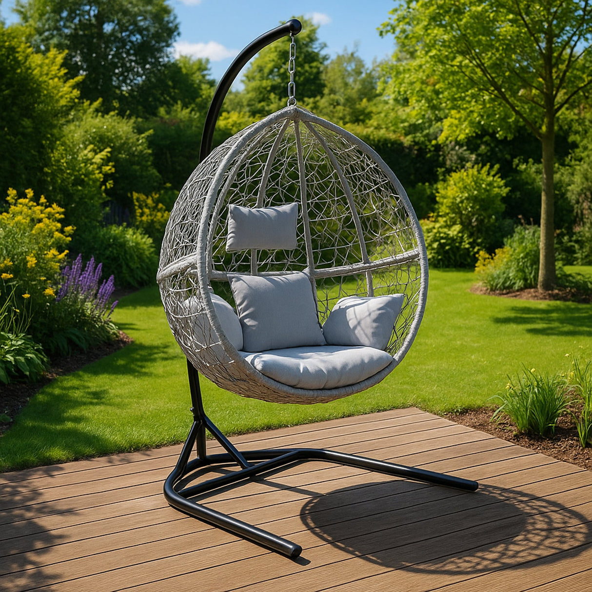 Grey hanging rattan egg chair with plush cushions, suspended from a sleek black frame, set in a vibrant garden with greenery and flowers
