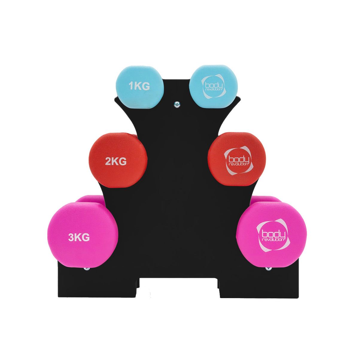 Colorful set of hexagonal dumbbells in various weights, including pink, red, blue, and black, arranged on a sturdy black rack