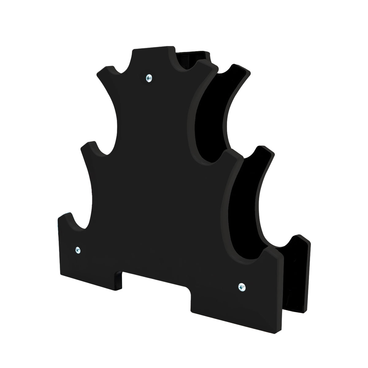 Black acrylic display stand with curved cutouts, designed for showcasing products, featuring a sleek, modern design and sturdy base