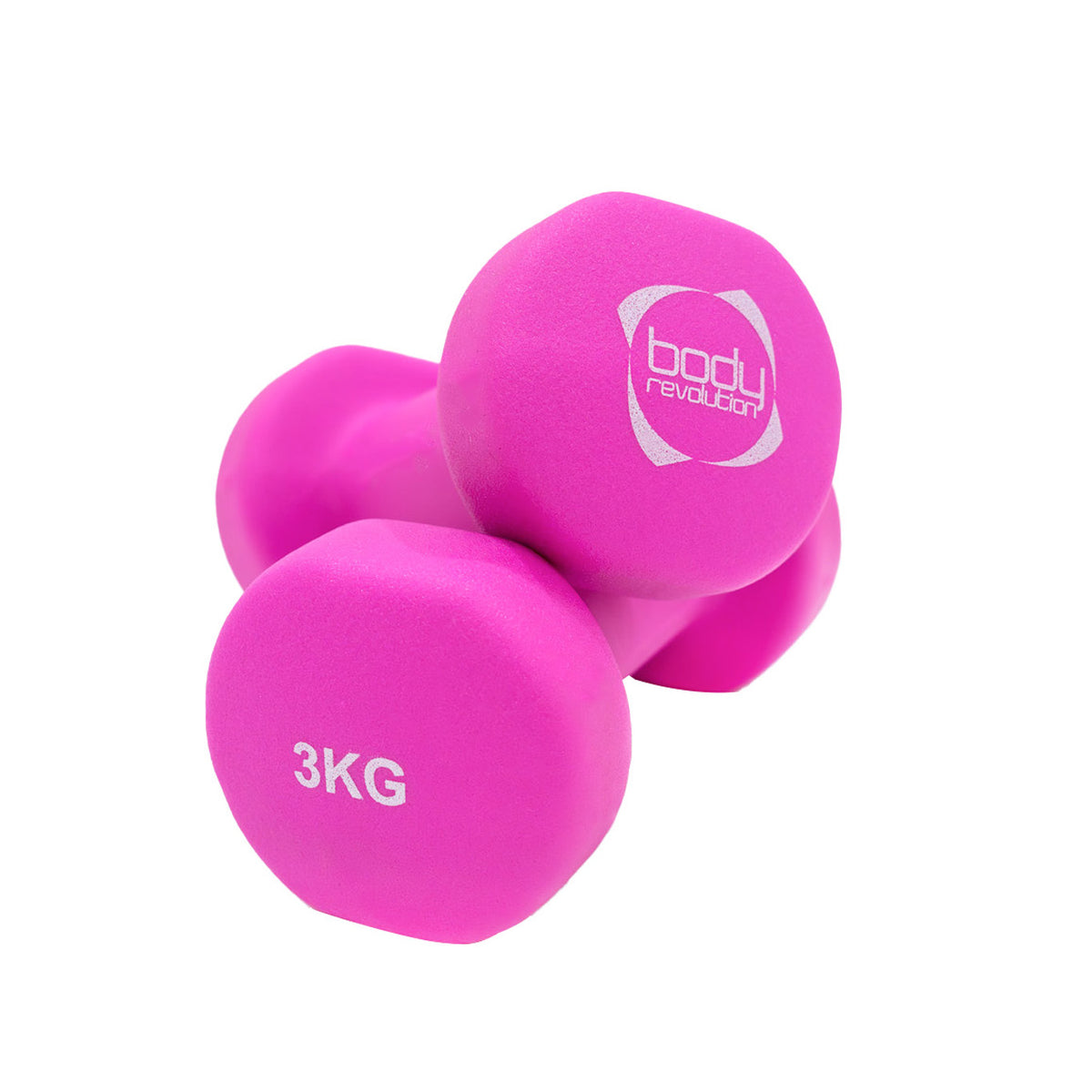 Bright pink 3kg dumbbells with a smooth, rubberized texture and a rounded shape, ideal for home workouts and fitness routines