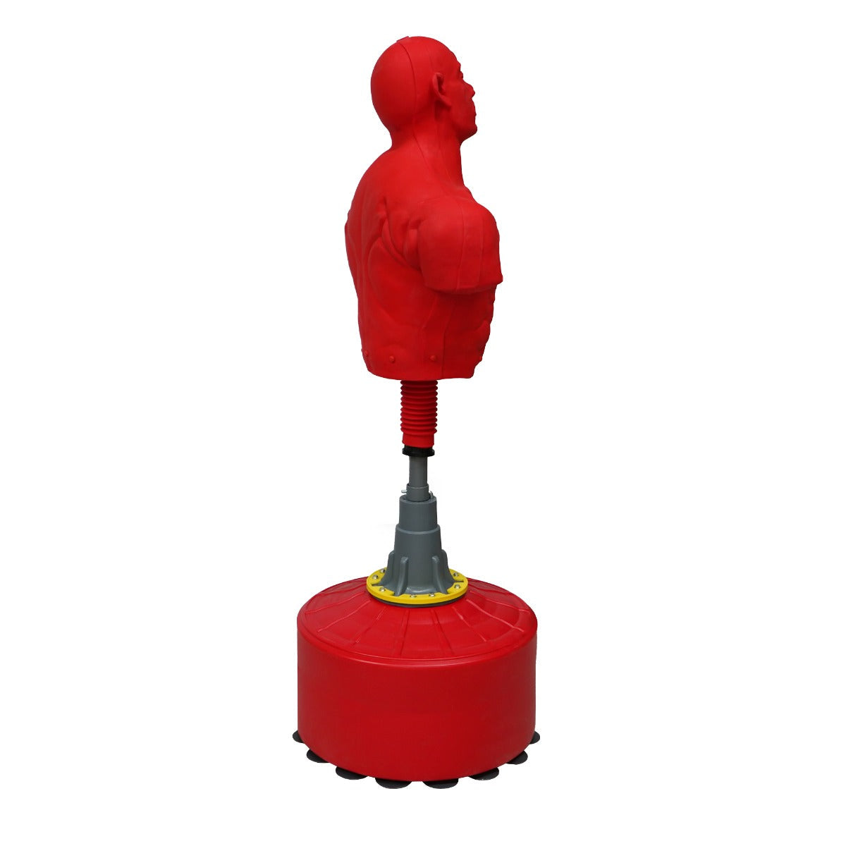 Large free-standing boxing dummy in vibrant red, featuring a muscular upper body, adjustable height, and a sturdy round base for stability
