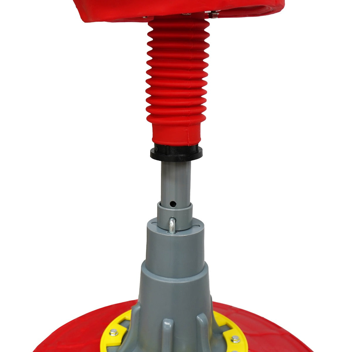 Large free-standing boxing dummy with a red top, flexible neck, and sturdy gray base, designed for training and fitness workouts
