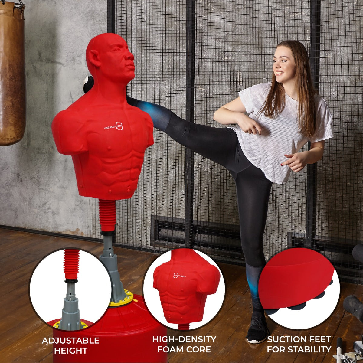 Large free-standing boxing dummy in bright red, featuring adjustable height, high-density foam core, and stable suction feet for training