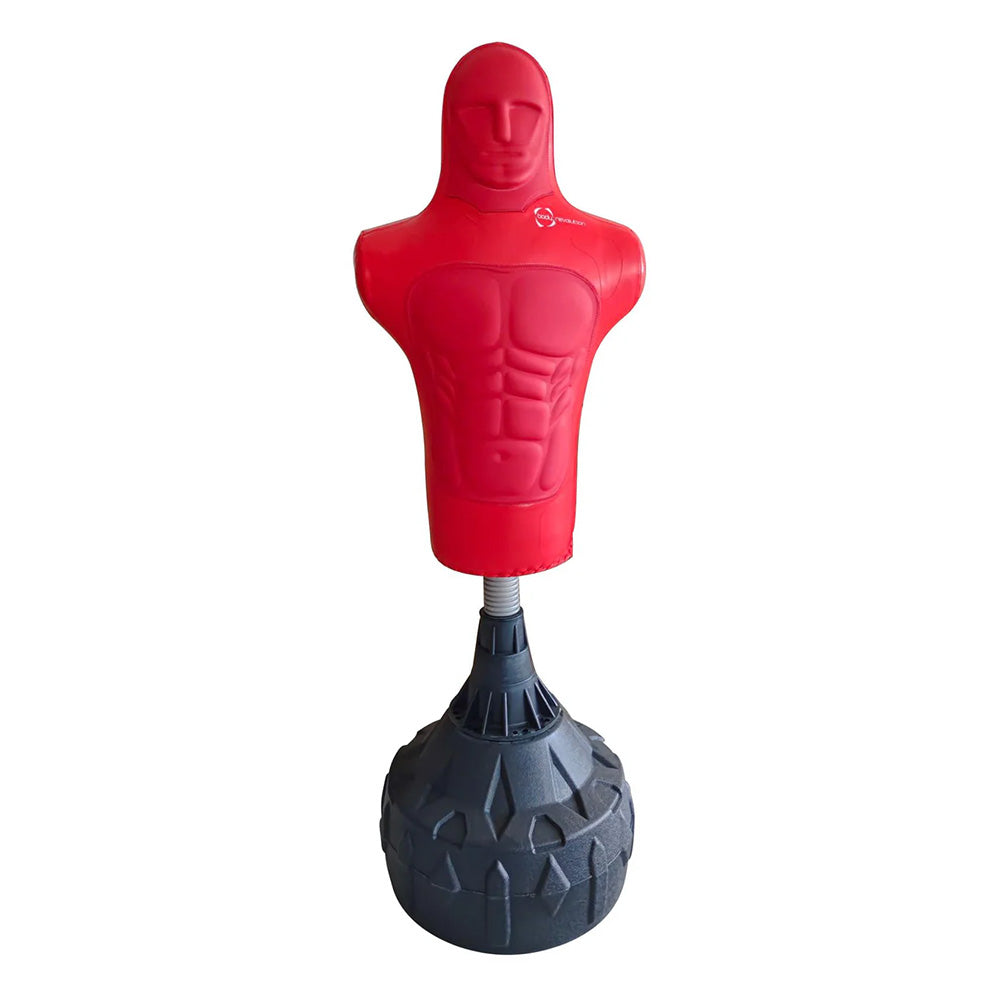 Red free-standing boxing dummy with a muscular torso design, mounted on a sturdy black base for stability during training sessions