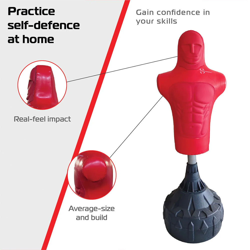 Red free-standing boxing dummy with a muscular design, featuring a textured surface and a sturdy black base for stability