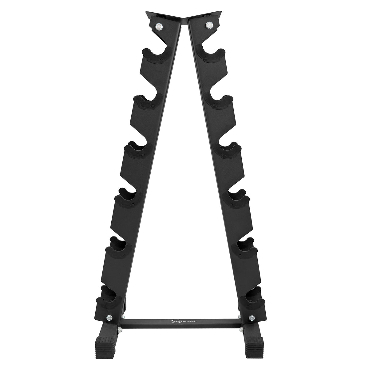 Heavy-duty black weight rack with eight slots for organized storage, featuring a sturdy triangular design and rubber feet for stability
