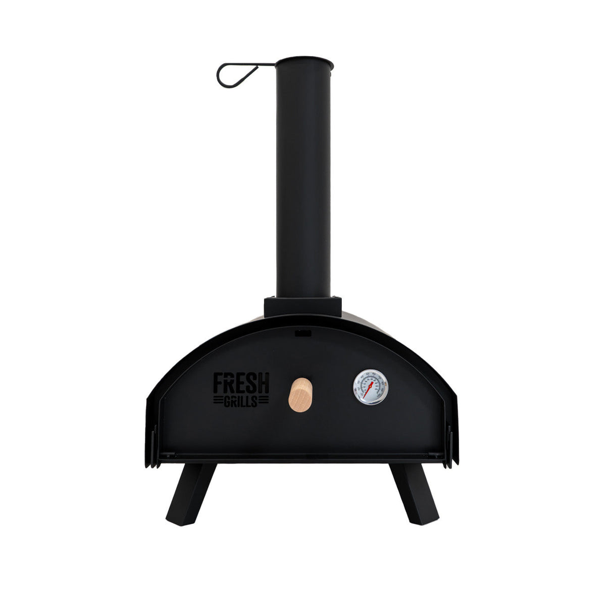 Classic outdoor pizza oven in sleek black metal, featuring a chimney, temperature gauge, and sturdy legs for stability