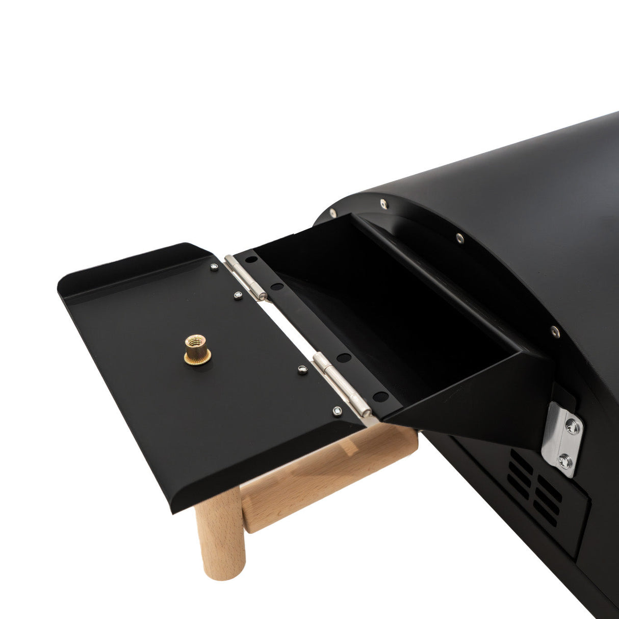 Classic outdoor pizza oven with a sleek black finish, wooden handle, and a pull-out tray for easy access and convenience