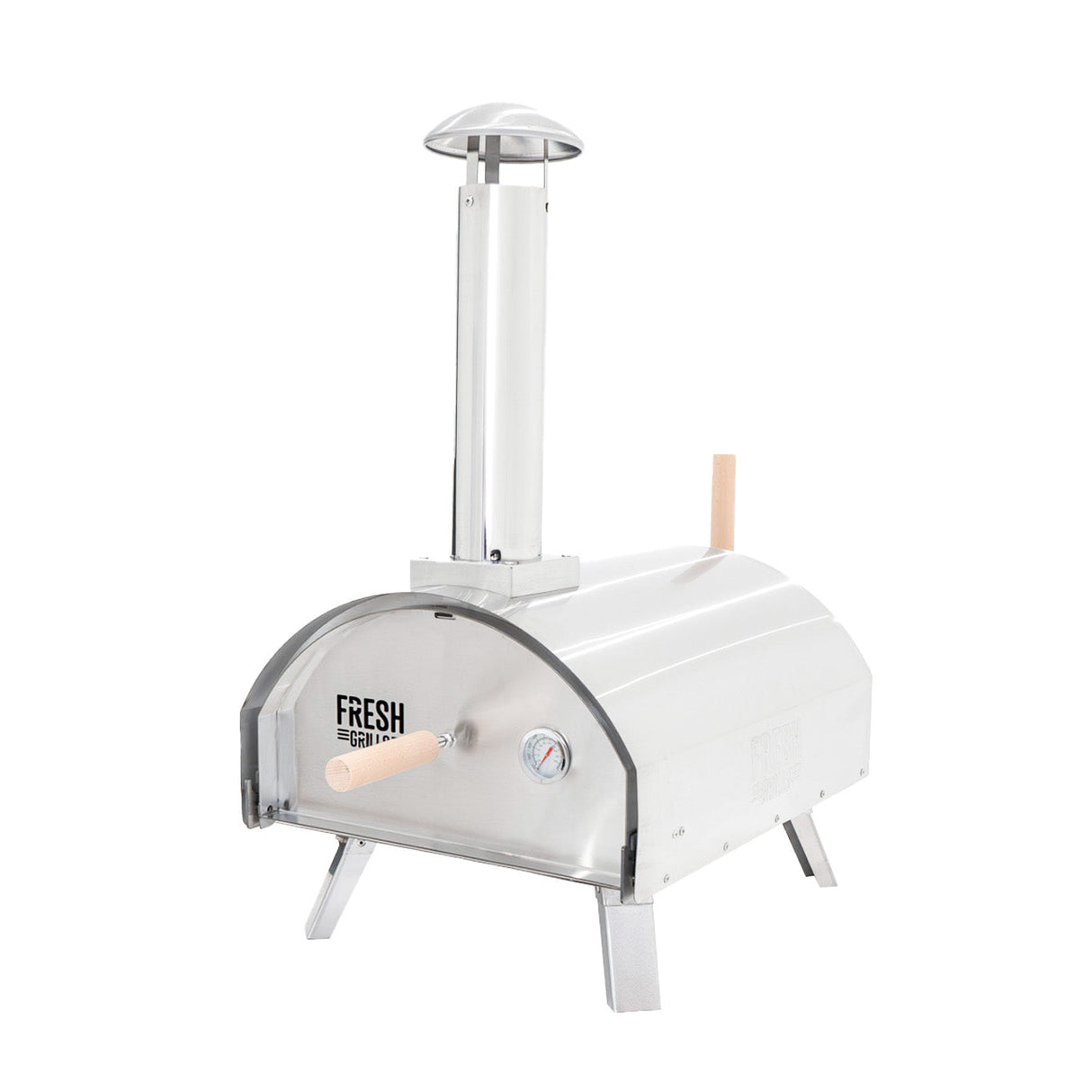 Sleek stainless steel outdoor pizza oven with a chimney, wooden handles, and a rounded design, perfect for grilling delicious pizzas