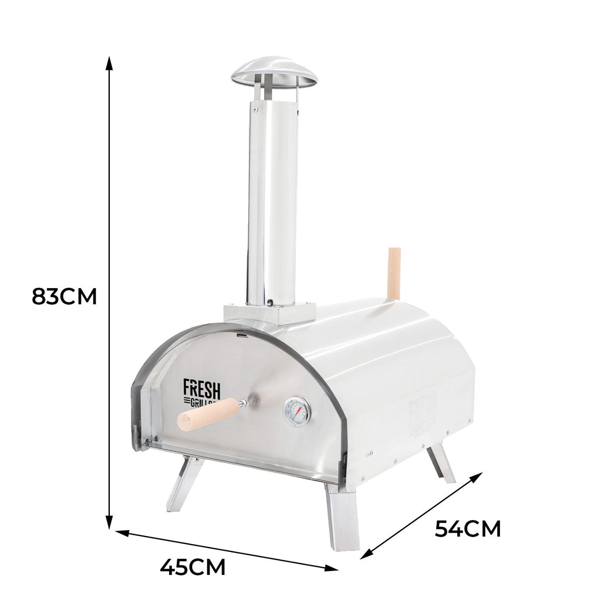 Premium outdoor pizza oven with a sleek stainless steel body, chimney, wooden handles, and clear temperature gauge for perfect cooking