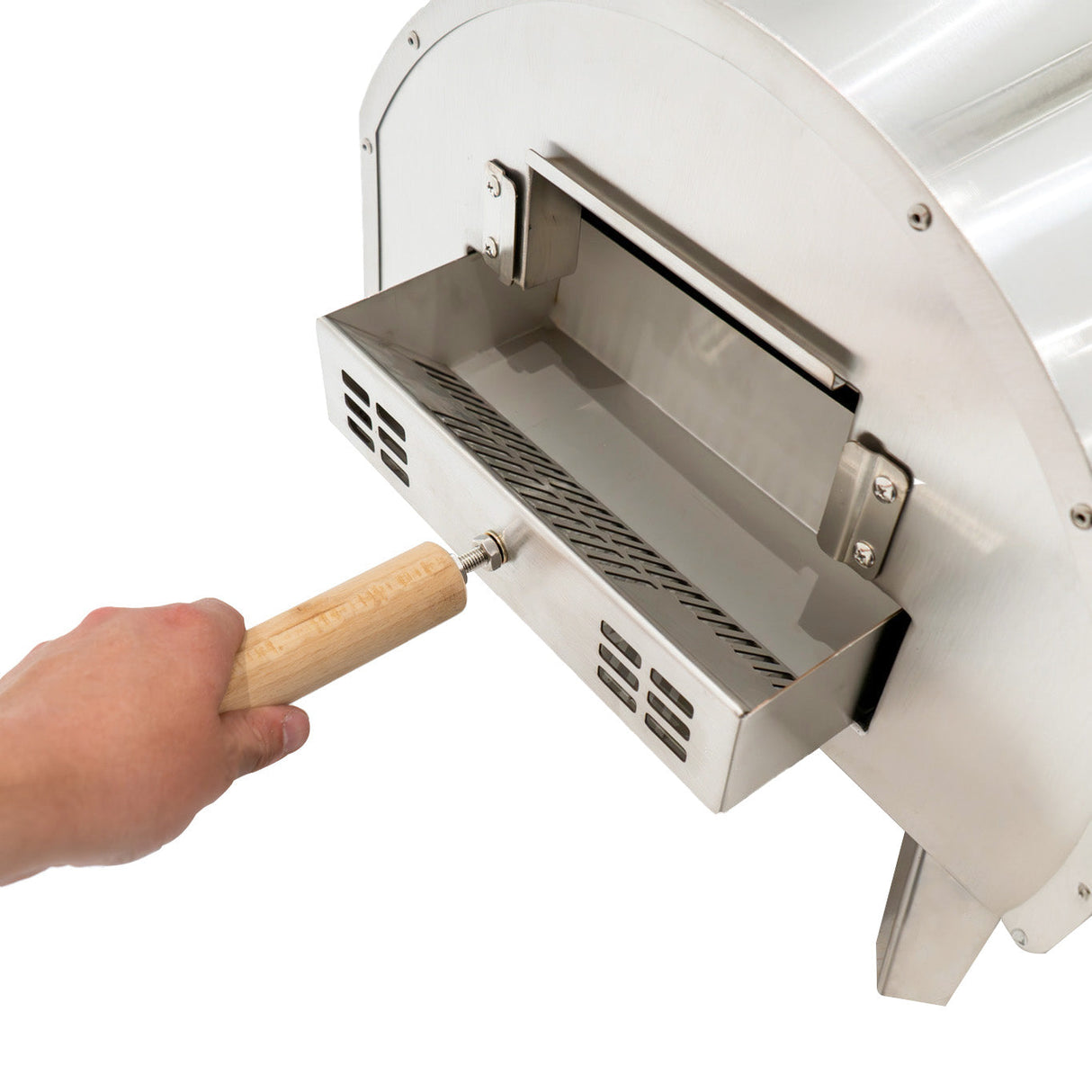 Stainless steel outdoor pizza oven with a wooden handle, showcasing a removable ash drawer for easy cleaning and maintenance