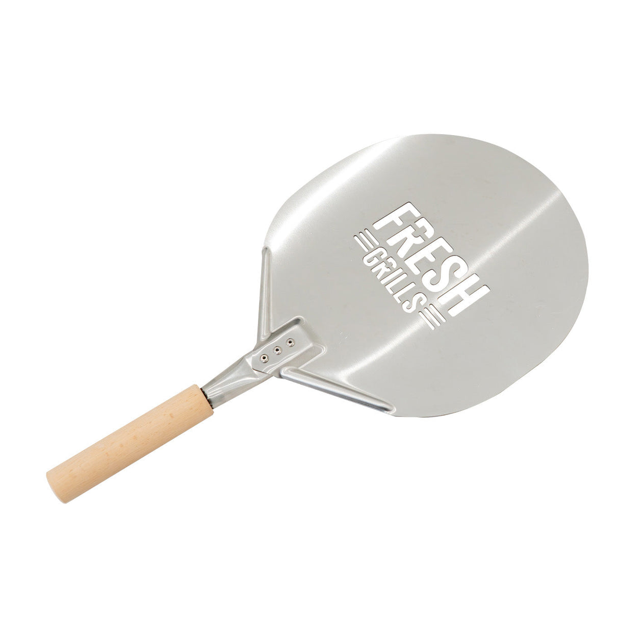 Stainless steel pizza peel with a wooden handle, featuring the engraved logo "FRESH GRILLS," ideal for outdoor pizza ovens