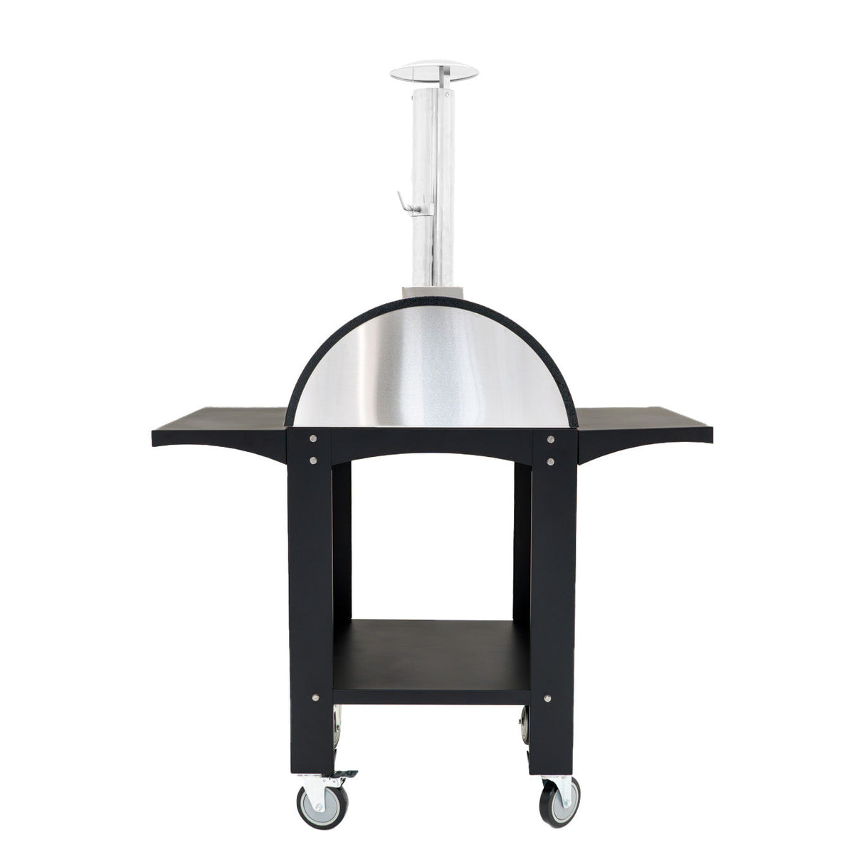 Extra large free-standing pizza oven with a sleek stainless steel dome, black prep stations, and convenient wheels for mobility