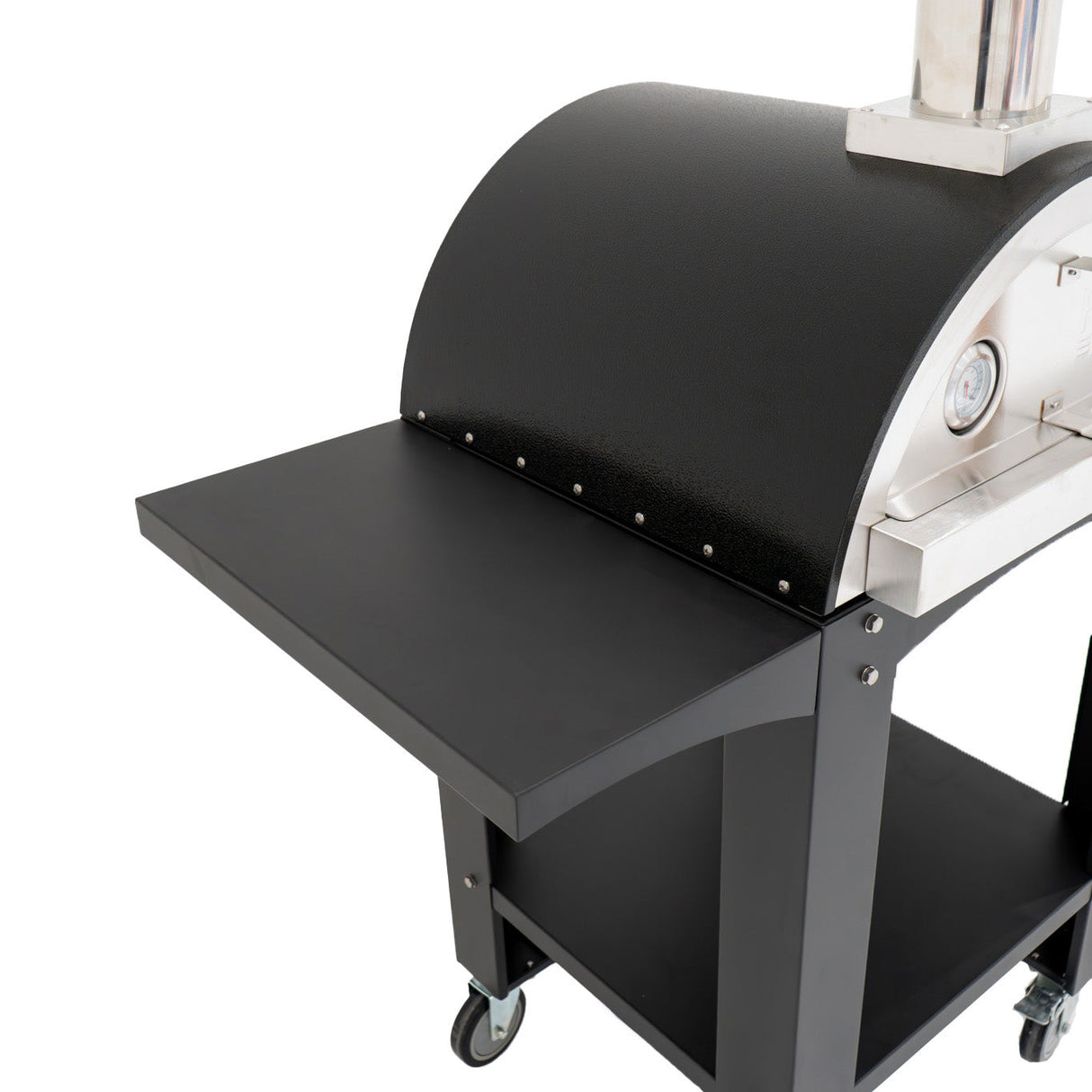 Extra large free-standing pizza oven with a sleek black finish, stainless steel details, and convenient prep station for outdoor cooking