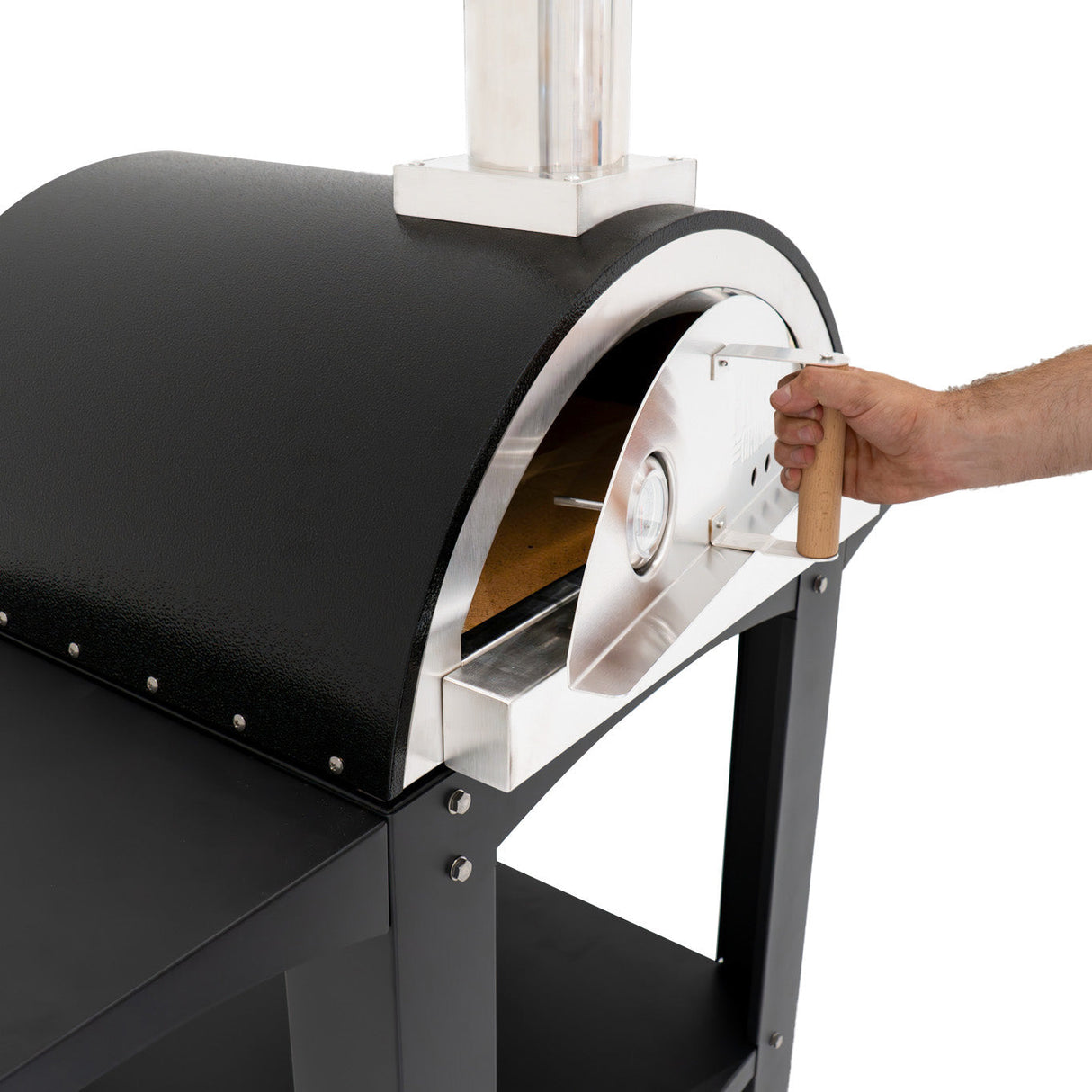 Extra large black pizza oven with stainless steel details, featuring a wooden handle and a spacious prep station for outdoor cooking