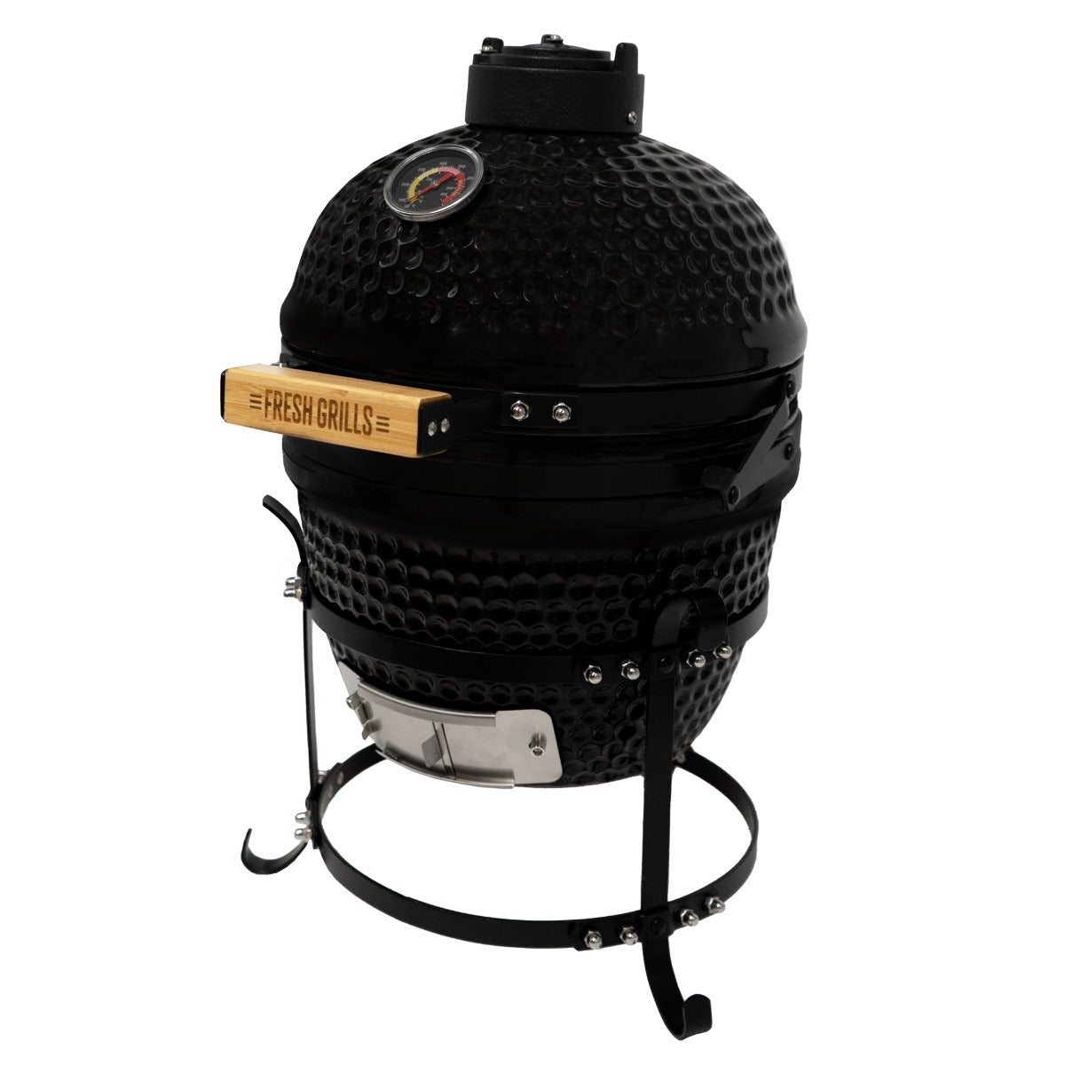 Black 13-inch Kamado BBQ oven with a textured surface, wooden handle, and built-in thermometer for outdoor grilling and smoking