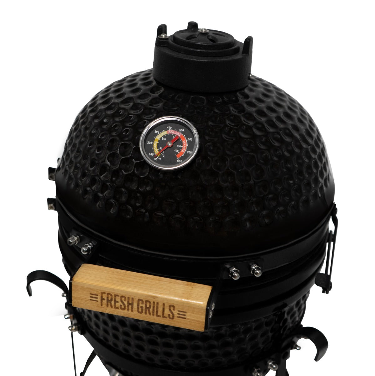 Black ceramic 13" Kamado BBQ oven with a textured surface, wooden handle, and built-in temperature gauge for grilling perfection