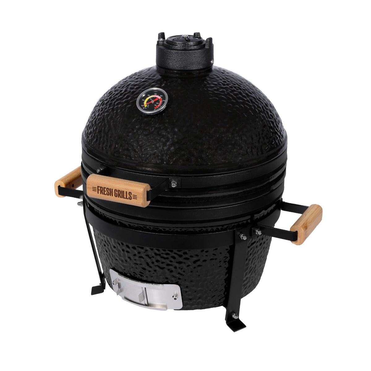 Black ceramic 16” Kamado BBQ oven with wooden handles, thermometer, and sturdy metal stand, perfect for grilling and smoking