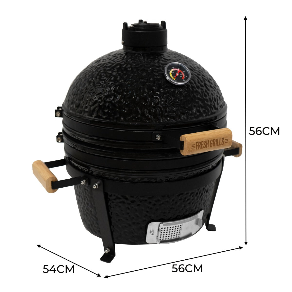 Black ceramic 16-inch Kamado BBQ oven with wooden handles, temperature gauge, and textured finish for grilling and smoking